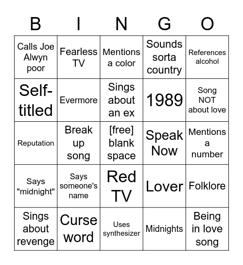 Taylor Swift Bingo Card