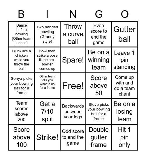 UW Bowling Bingo Card