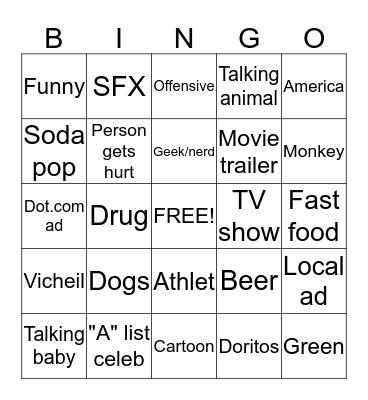 Superbowl Commercials 2013 Bingo Card