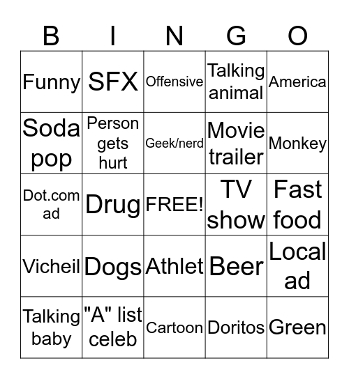 Superbowl Commercials 2013 Bingo Card