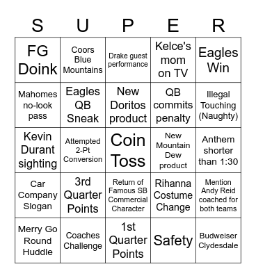 Super Bowl LVII Bingo Card