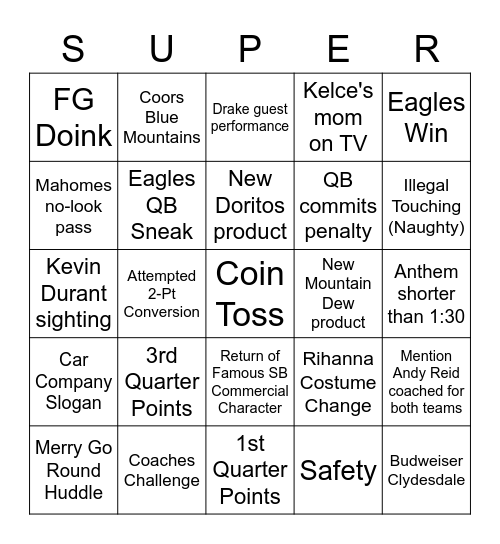 Super Bowl LVII Bingo Card