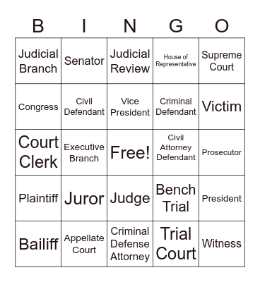 Court Jobs Bingo Card