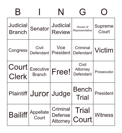 Court Jobs Bingo Card