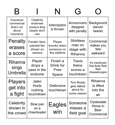 Super Bowl LVII Bingo Card
