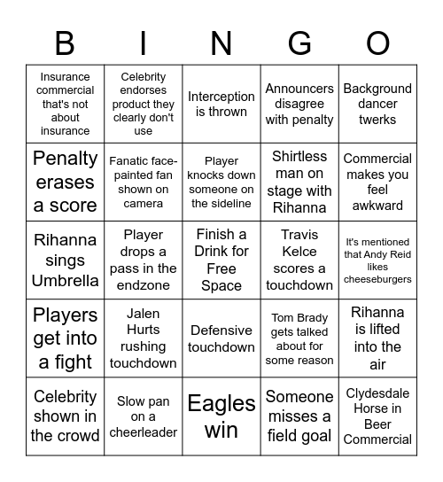 Super Bowl LVII Bingo Card