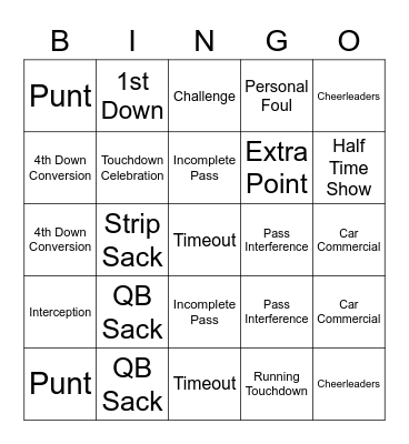 Super Bowl Bingo Card