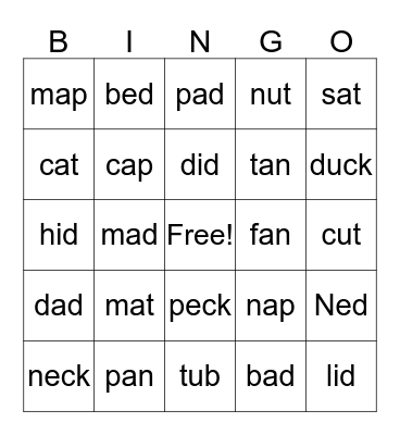 Word Family BINGO Card