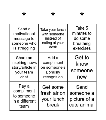 Random Act of Kindness Bingo Card