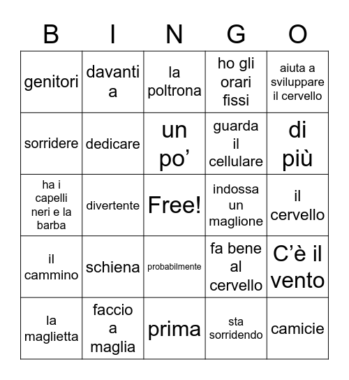 Tempo libero Bingo Card