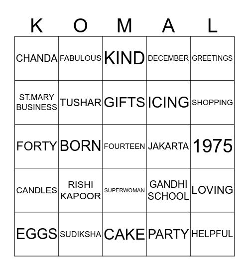 KOMAL'S 40TH BIRTHDAY Bingo Card