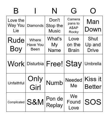Rihanna Bingo Card