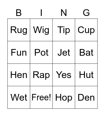 Short Vowel Bingo Card