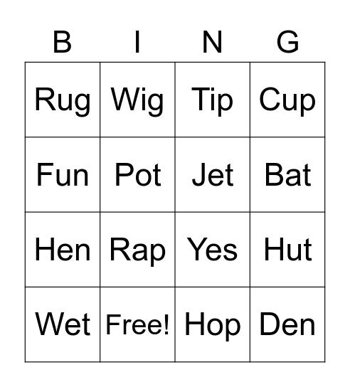 Short Vowel Bingo Card
