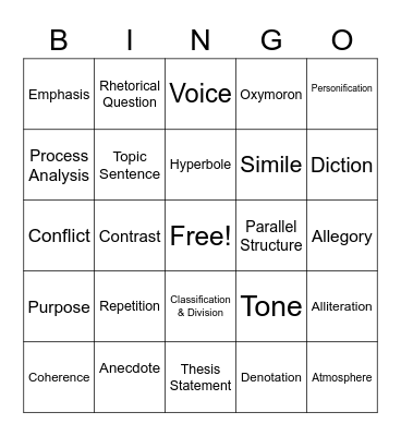 Prose Bingo Card