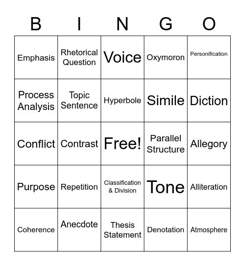 Prose Bingo Card