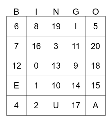 Numeros y Vocales Bingo Card