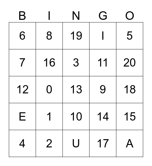 Numeros y Vocales Bingo Card