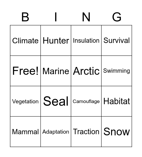 Polar Bear Vocabulary Bingo Card