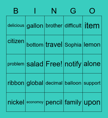 Schwa sound Bingo Card