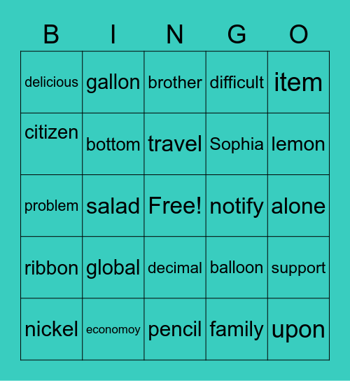 Schwa sound Bingo Card