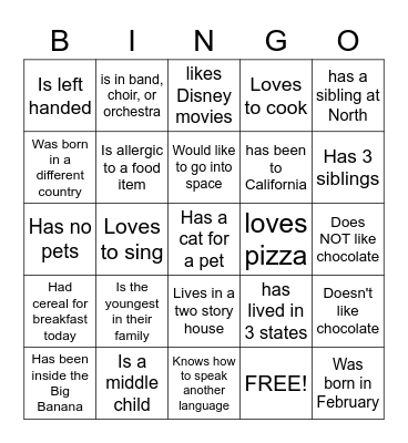 Each person can initial your paper twice only! Bingo Card