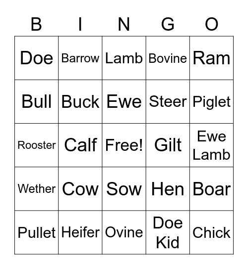 Livestock Bingo Card