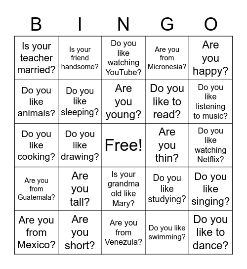 Adjective & verb questions Bingo Card