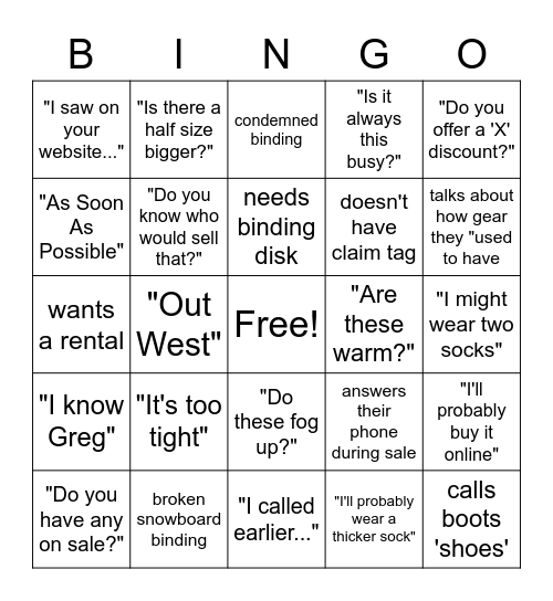 Ski Shop BINGO! Bingo Card