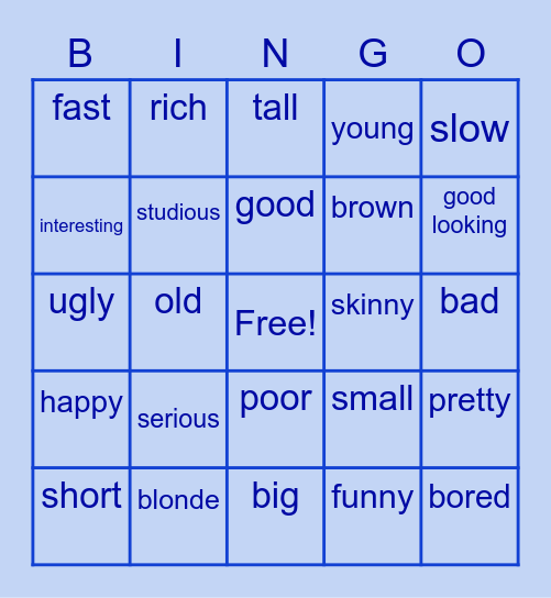 adjectives Bingo Card