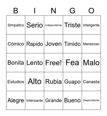 Spanish Adjectiv Bingo Card