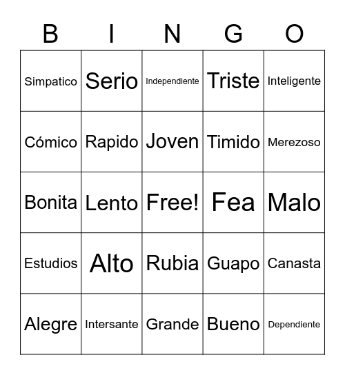 Spanish Adjectiv Bingo Card