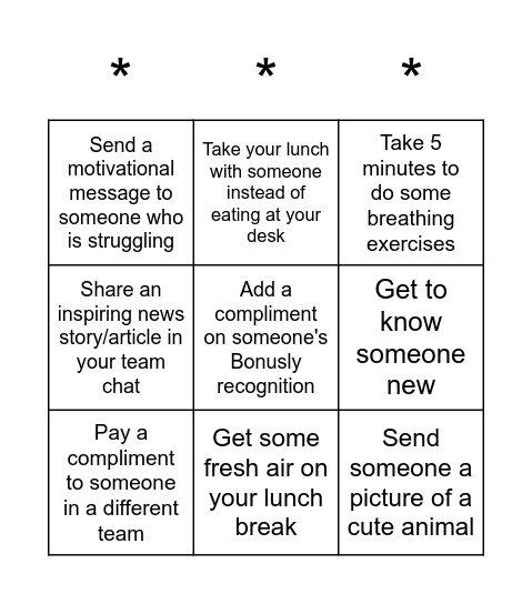 Random Act of Kindness Bingo Card