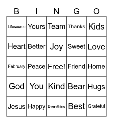 LAF Kids Valentine's BINGO Card