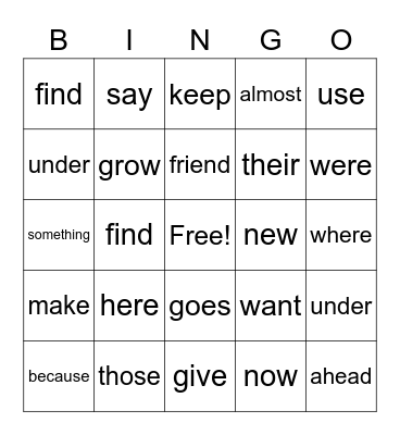 Sight words Bingo Card