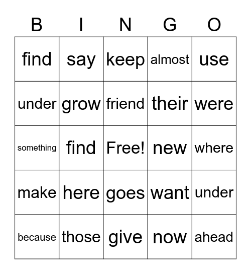 Sight words Bingo Card