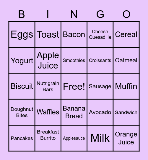 Food Bingo! Bingo Card