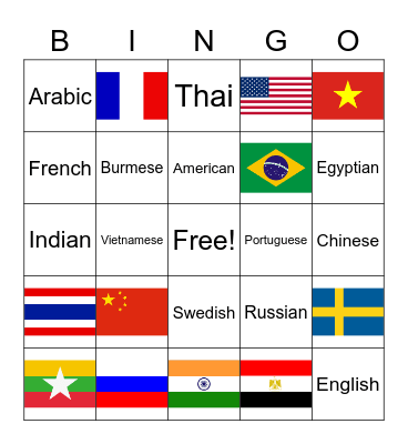 Country, Nationality, & Language Bingo Card