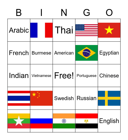 Country, Nationality, & Language Bingo Card