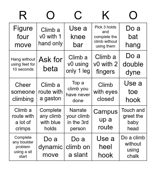 Rock Climbing Bingo Card