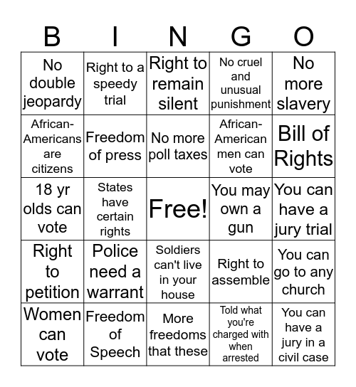U. S. Constitution Bingo Card