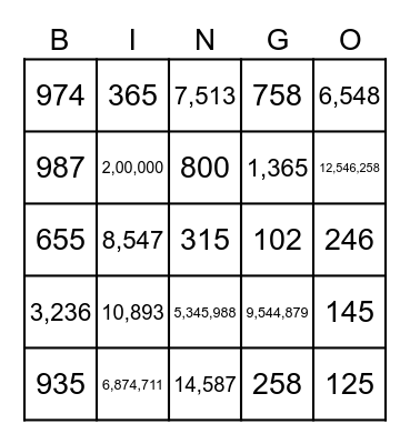 Los Numeros 1,000 - 1,000,000 Bingo Card
