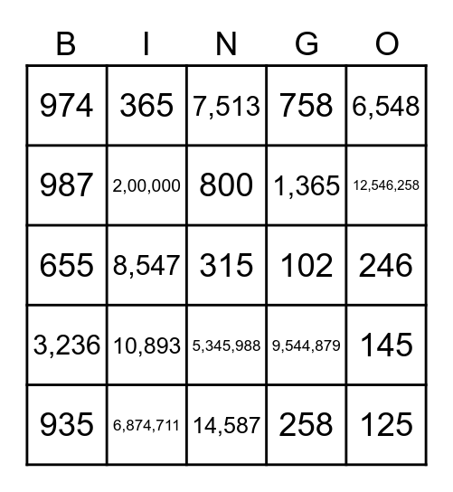 Los Numeros 1,000 - 1,000,000 Bingo Card