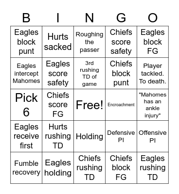 Durham Saints Super Bowl Bingo Card