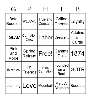 Gamma Phi Bingo Card