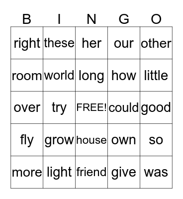 Theme 5 - High frequency words Bingo Card