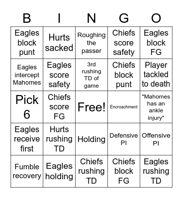 Super Bowl Bingo Card