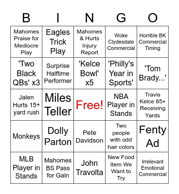 Super Bowl LVII Bingo Card