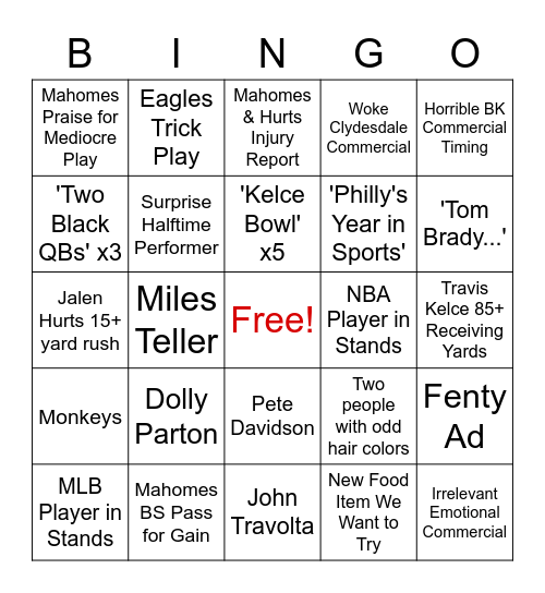 Super Bowl LVII Bingo Card