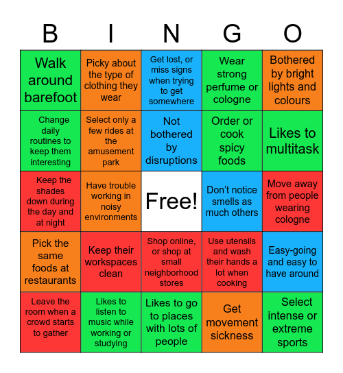 Sensory Bingo Card